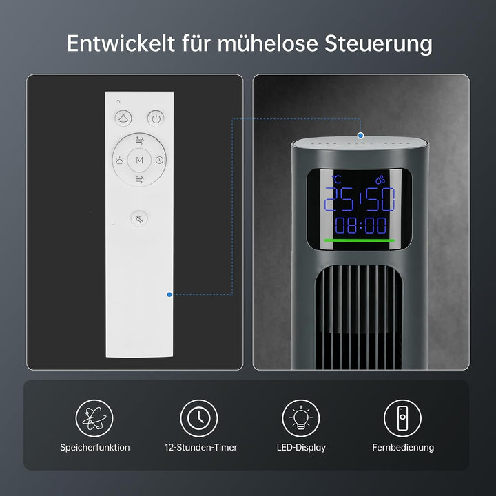PHILODECO Turmventilator 115 cm Grau, leiser Standventilator mit Fernbedienung leise, 10 m Reichweit