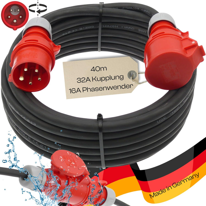 40m CEE Adapterkabel 16A PCE Phasenwender auf 32A Dose 5G2,5 H07RN-F 40m mit Phasenwender, 40m mit P