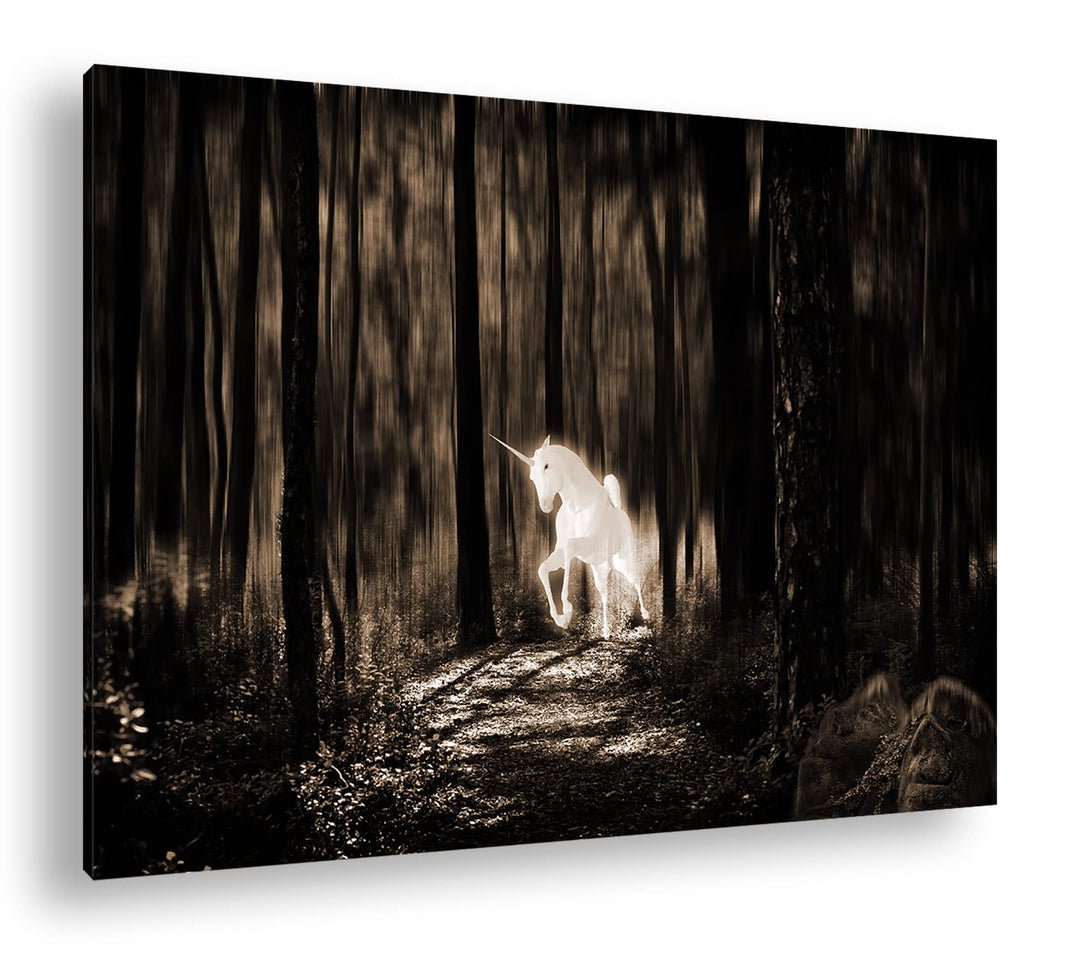 deyoli Einhornerscheinung im Wald Format: 80x60 Effekt: Sepia als Leinwandbild, Motiv fertig gerahmt
