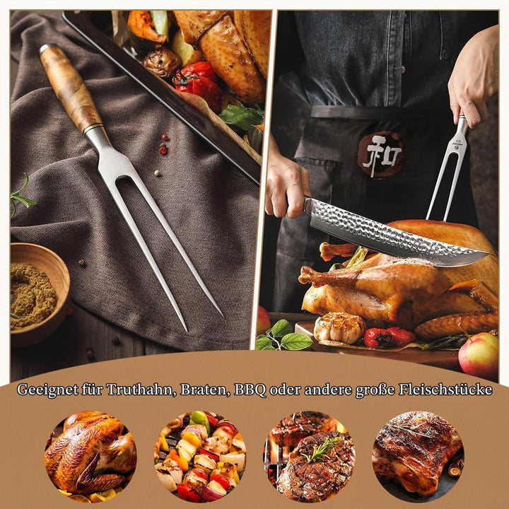 HEZHN Tranchiergabel Fleischgabel Outdoor Grillgabel 430 Edelstahl Figaro Bergahorn Holz Geschenkbox
