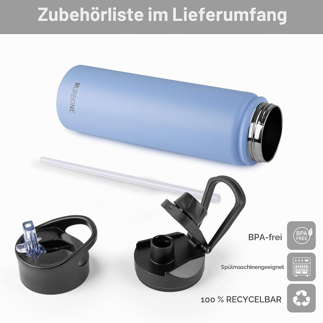 Edelstahl Trinkflasche 750ml (+2 Deckel)-mit Strohhalm,BPA frei,Thermosflasche Auslaufsicher,Kohlens