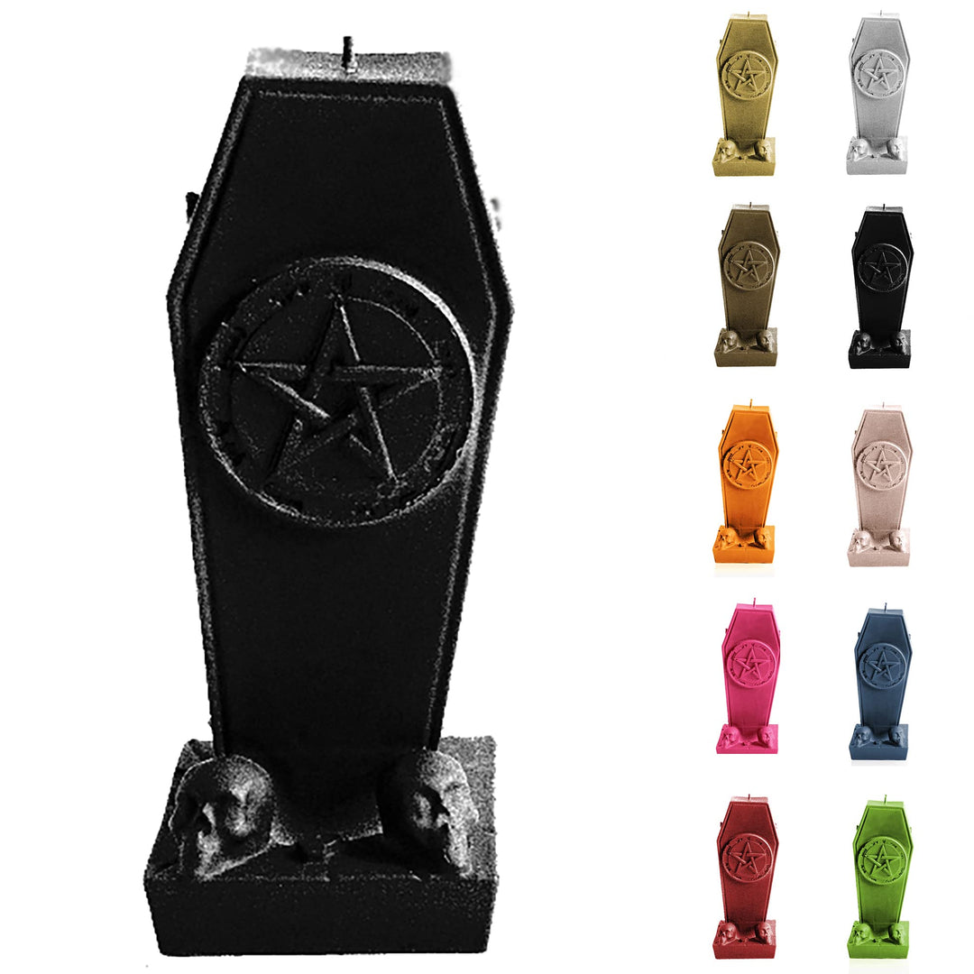 Candellana Kerze Sarg mit Pentagramm | Höhe: 17 cm | Schwarz Metallic | Brennzeit 35h | Halloween |