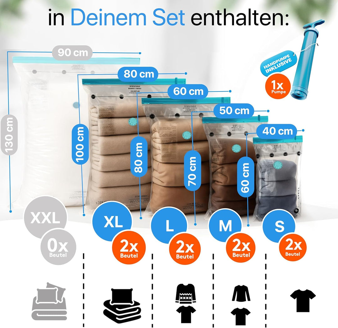 XL Jumbo Vakuumbeutel für Kleidung u. Bettdecken [8 Stück] - INKL. HANDPUMPE u. ETIKETTEN in (2x 40x
