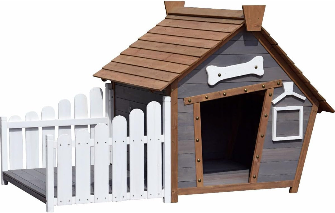 dobar 55016FSCe Outdoor-Hundehütte mit Spitzdach und seitlicher Veranda Comic-Design, FSC-Holz, 146,