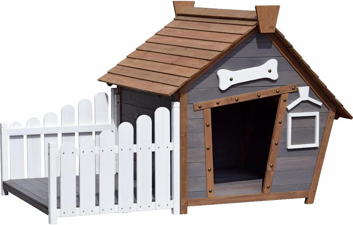 dobar 55016FSCe Outdoor-Hundehütte mit Spitzdach und seitlicher Veranda Comic-Design, FSC-Holz, 146,