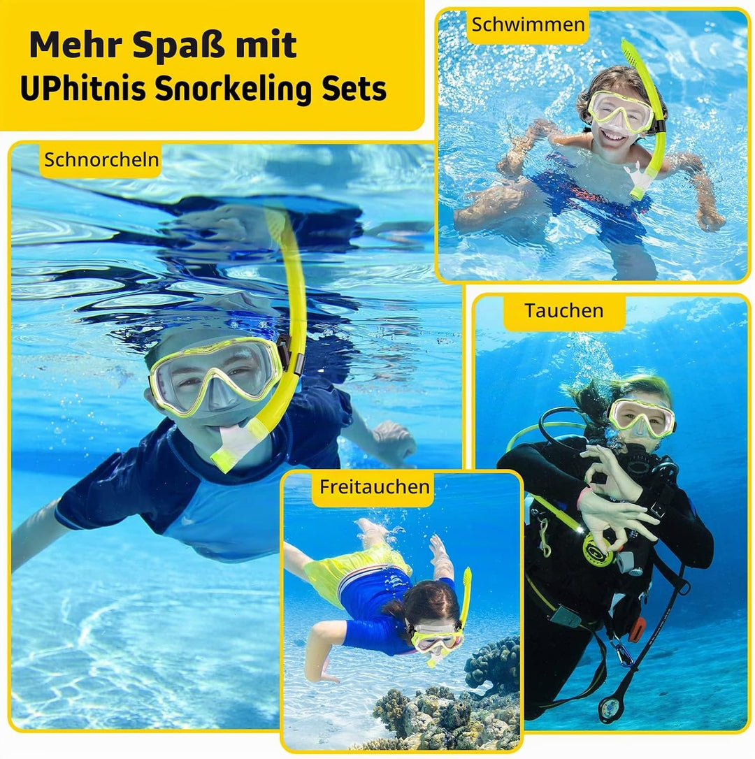 Schnorchelset Kinder mit Flossen,Anti-Fog 180°Panorama Taucherbrille Kinder, Verstellbaren Schwimmfl