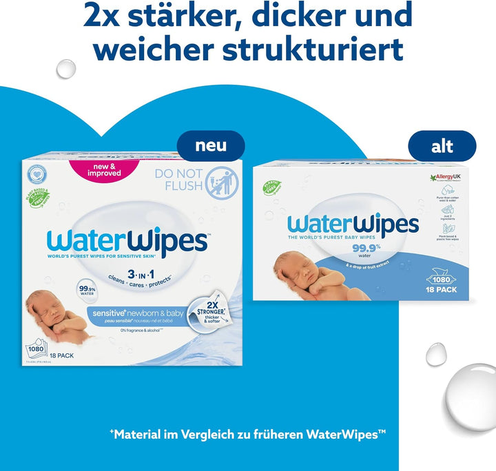 WaterWipes Original plastikfreie Feuchttücher für Babys und Kleinkinder 1080 Stück (18 Packungen), h