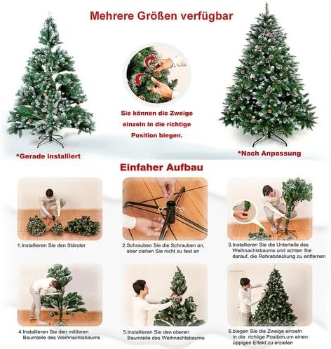 YRHome 120cm Künstlicher Weihnachtsbaum mit Beleuchtung Grün PVC mit Schnee-Effekt & Kiefernzapfen L