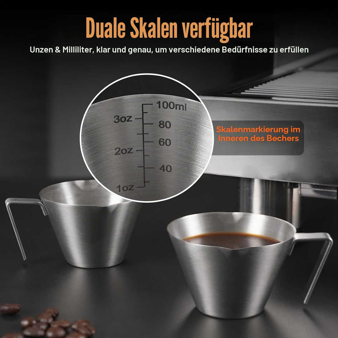 YARRAMATE Espressotassen mit Griff, Edelstahl-Espresso-Zubehör, Doppelausguss, Metall-Messbecher mit