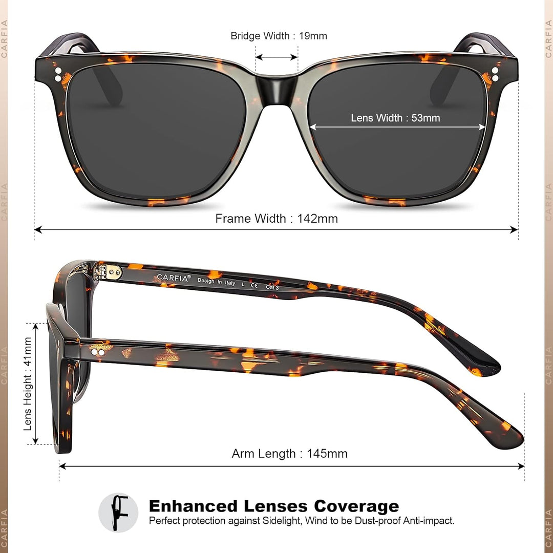 CARFIA Polarisierte Herren Sonnenbrille mit Rechteckig Acetatrahmen, 100% UV-Schutz Sportliche Sonne