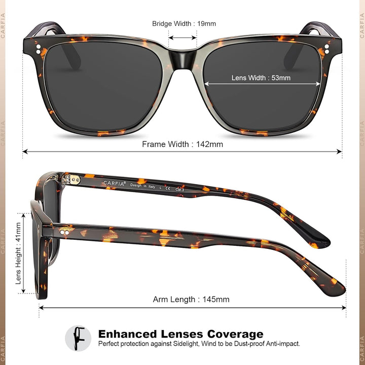 CARFIA Polarisierte Herren Sonnenbrille mit Rechteckig Acetatrahmen, 100% UV-Schutz Sportliche Sonne