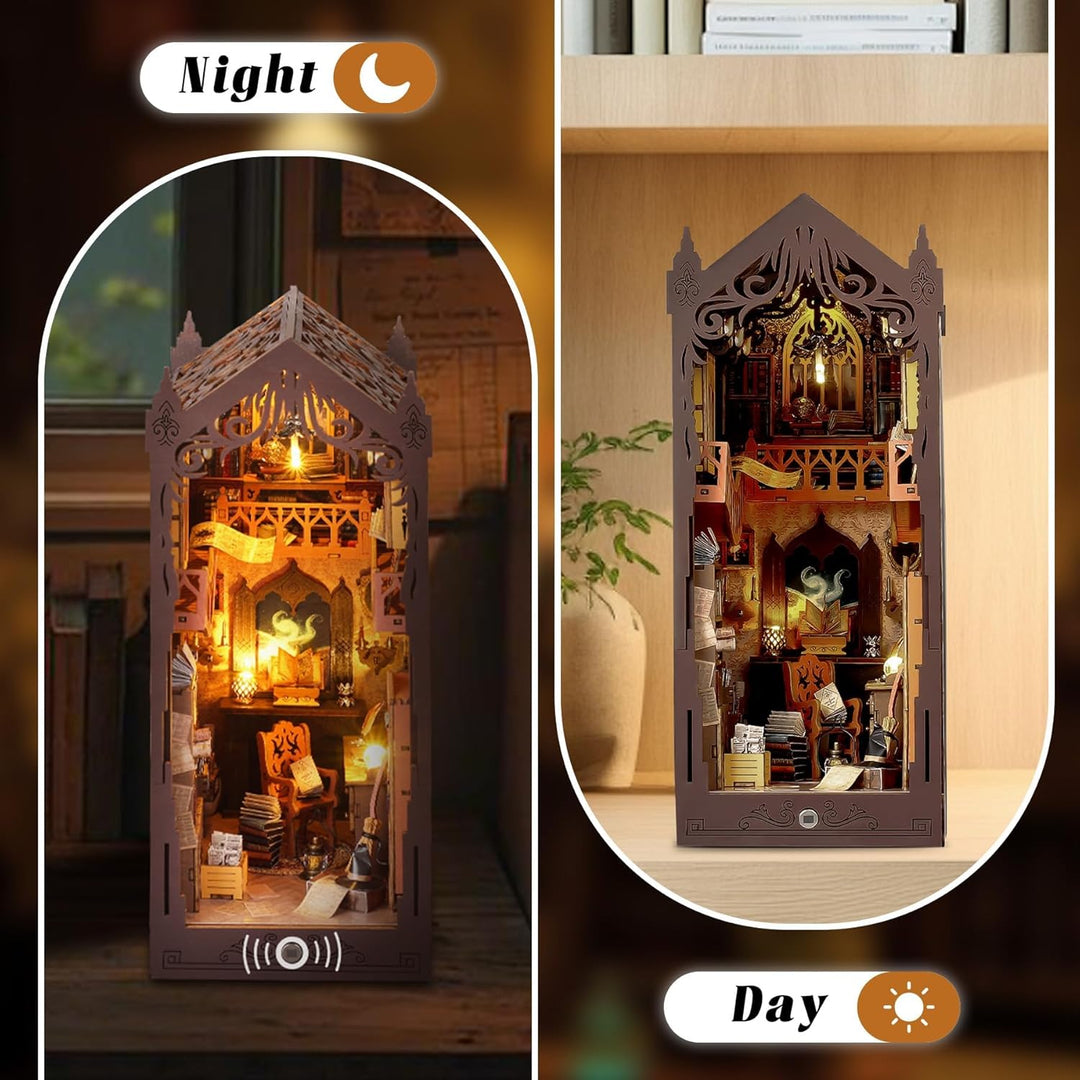 DIY Book Nook Kit, Puppenhäuser Miniatur Haus Kit mit Staubschutzhülle LED-Licht 3D Puzzle Aus Holz