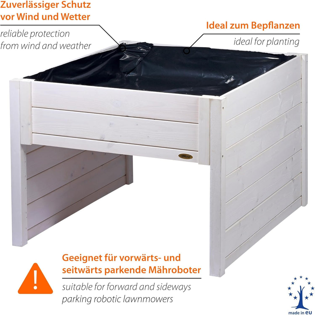 dobar® Grosse Mähroboter-Garage aus Holz mit Pflanzkasten inkl. Folie - Rasenmäher Garage - 79 x 73