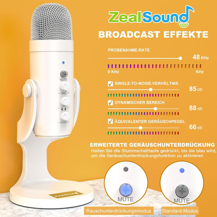 zealsound USB Mikrofon, Kondensatormikrofon für PC und Handy, Desktop Microphone mit Noise Cancenlli