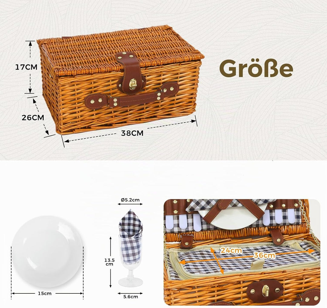 Picknickkorb Set für 2 Person mit Kühlfach, Abnehmbarer Riemen, Weinbeutel, Besteck Set, für Camping