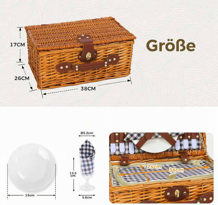 Picknickkorb Set für 2 Person mit Kühlfach, Abnehmbarer Riemen, Weinbeutel, Besteck Set, für Camping