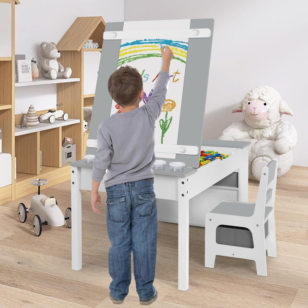 Kinder-Kunsttisch-Set mit 2 Stühlen - Holzerner Aktivitätstisch für Kleinkinder mit Verstellbarer Ti