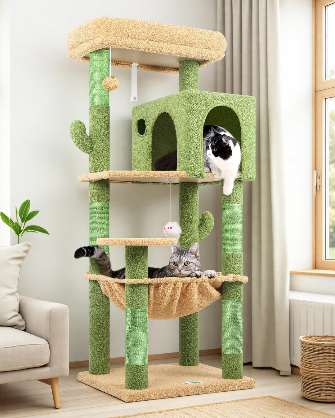 Globlazer Kratzbaum Grün Kaktus mit Extragrosse Hängematte 45 * 40cm, Grosse Katzenhaus, Gepolsterte