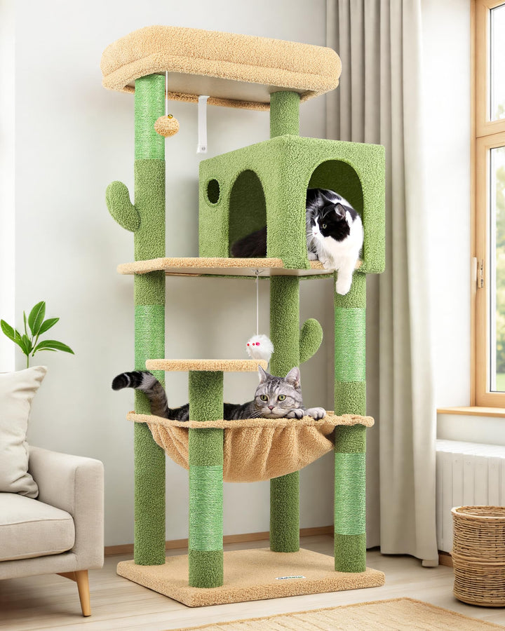 Globlazer Kratzbaum Grün Kaktus mit Extragrosse Hängematte 45 * 40cm, Grosse Katzenhaus, Gepolsterte