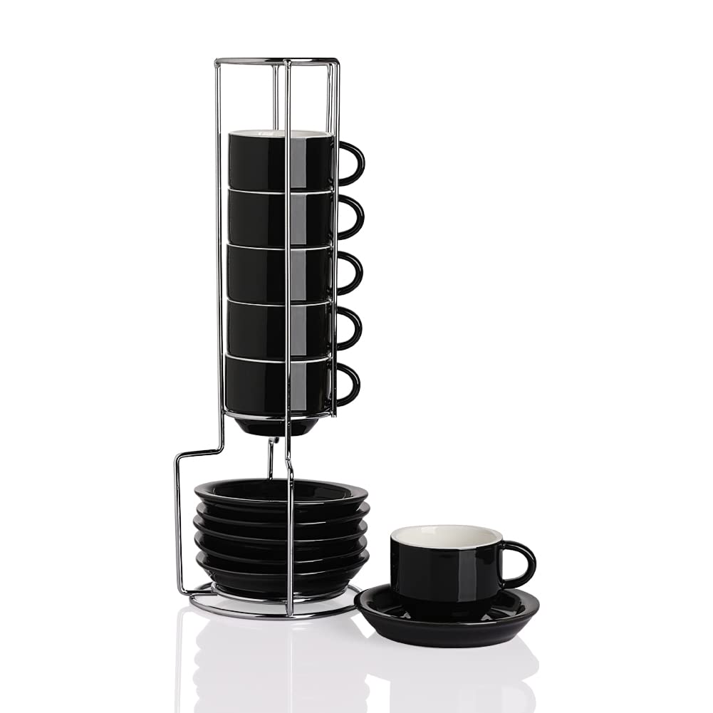 Sweejar Home Espressotasse und Untertasse, Porzellan, stapelbare Demitasse-Tassen mit Metallständer,