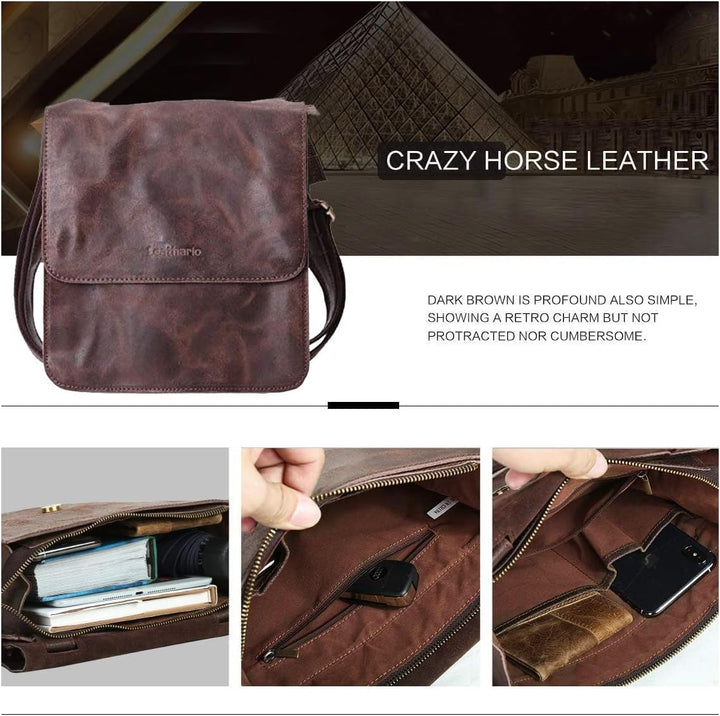 Leathario Herren Leder umhängetasche messger Bag Ledertasche für Business Retro Braun, Braun