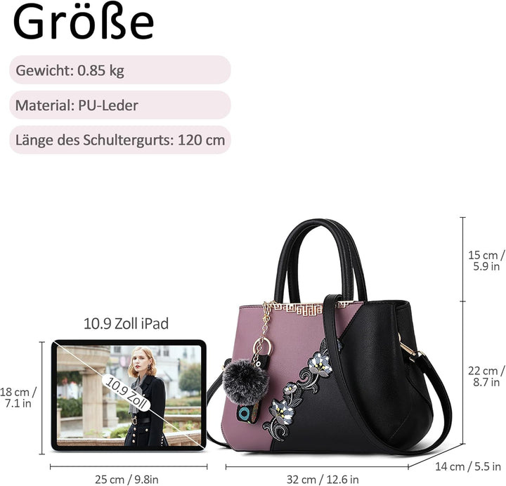 DORRISO Damen Handtasche Mode Stickdesign Schultertasche Grosse Kapazität Umhängetasche Casual Reise