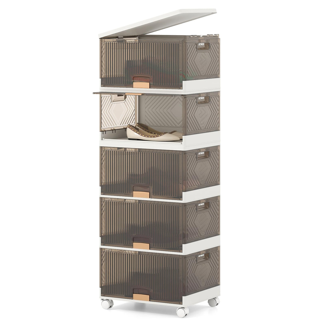 COSTWAY Schuhboxen mit Rollen, 5er Set, Schuhkarton stapelbar transparent, Schuh-Organizer aus Kunst