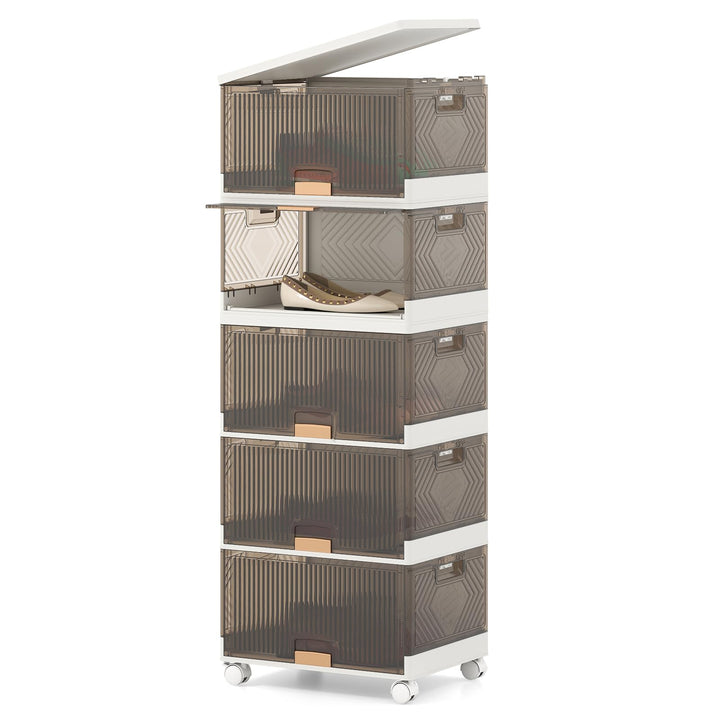 COSTWAY Schuhboxen mit Rollen, 5er Set, Schuhkarton stapelbar transparent, Schuh-Organizer aus Kunst