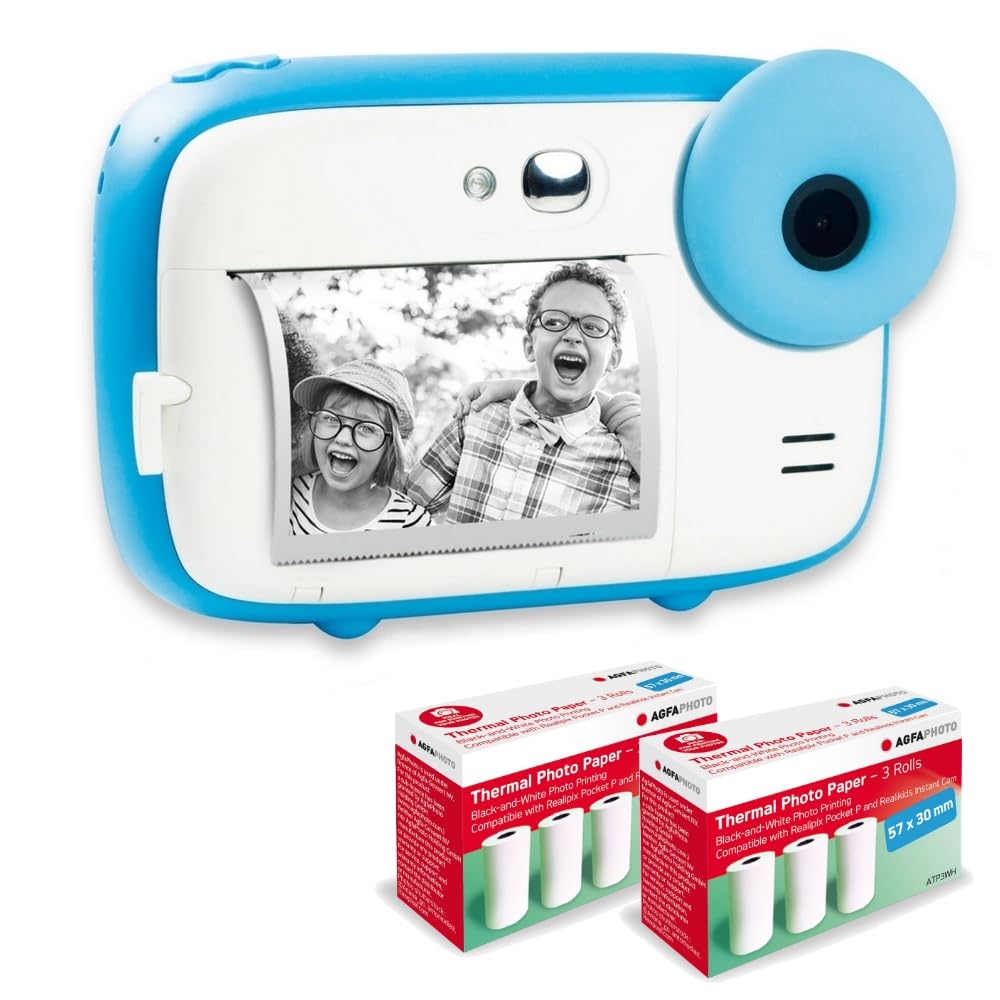 AGFA Photo Realikids Instant Cam + 6 Rollen Thermopapier, ATP3WH – Sofortbildkamera für Kinder, LCD-