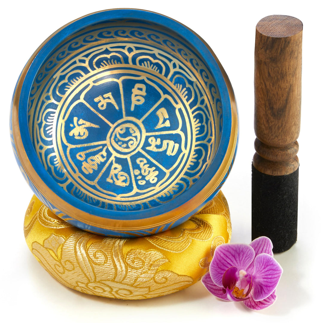 Tibetische Klangschale Set, mit Klöppel und Klangschalenkissen in Loktapapier Geschenk-Box. Singing