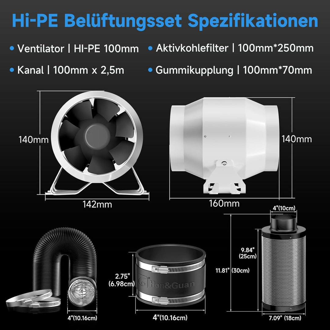 Hon&Guan HI-PE Abluftset Super Luftmenge 360m³/h 100mm Rohrventilator mit Drehzahlregler Aktivkohlen