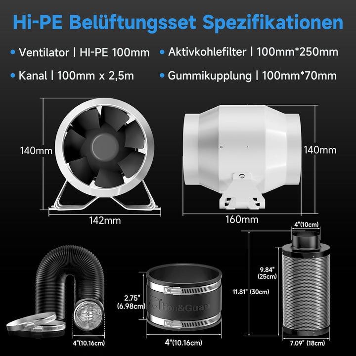 Hon&Guan HI-PE Abluftset Super Luftmenge 360m³/h 100mm Rohrventilator mit Drehzahlregler Aktivkohlen