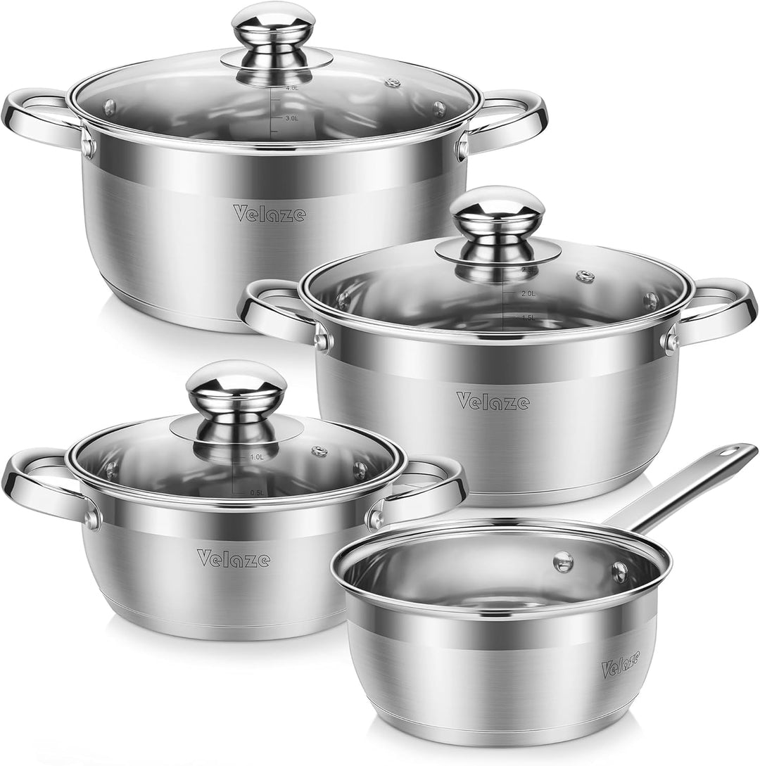 Velaze Töpfe Set, 7-teilig Kochtopf Set aus Edelstahl, Topf Induktion mit Glasdeckeln, PFOA frei, Kl
