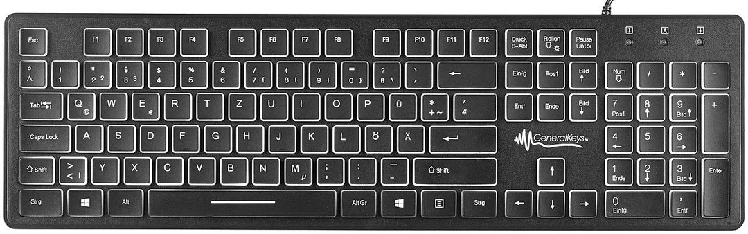 GeneralKeys Leuchttastatur: Beleuchtete USB-Tastatur mit Nummernblock, deutsches Layout (QWERTZ) (Ap