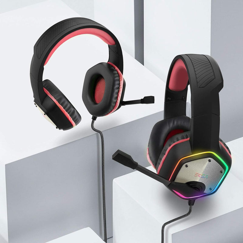 EKSA Gaming Headset, PC Headset mit Mikrofon 7.1 Surround Sound & RGB Lichter, Kopfhörer mit Kabel R