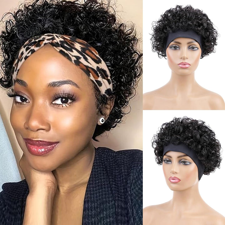 Huarisi Short Curly Pixie Cut Wigs for Women Glueless Human Hair Black Headband Bob Wig None Lace We