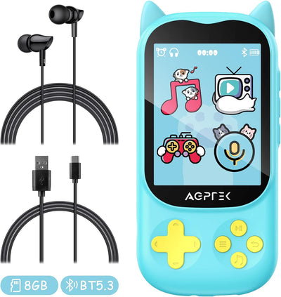 AGPTEK 8 GB MP3 Player für Kinder mit Bluetooth 5.3, Katzendesign MP3-Player mit Spieltaste,HD-Lauts