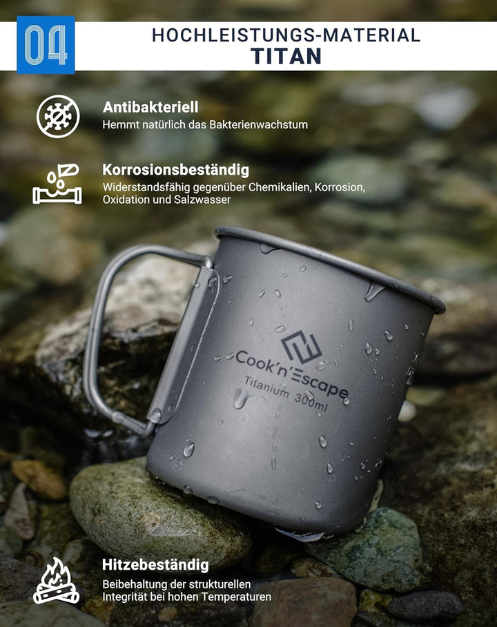 COOK'N'ESCAPE Titan 300ml Camping Tasse Becher Open Fire Kochausrüstung mit faltbaren Griffen für Ou