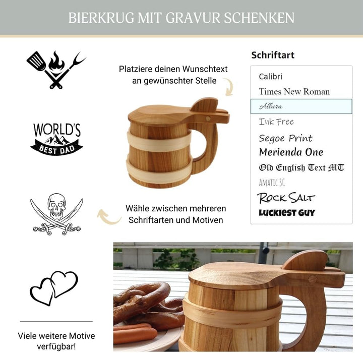 HOFMEISTER® Bierkrug aus Holz - 18 cm - personalisiert mit Lieblingsmotiv und Name - tolles Geschenk