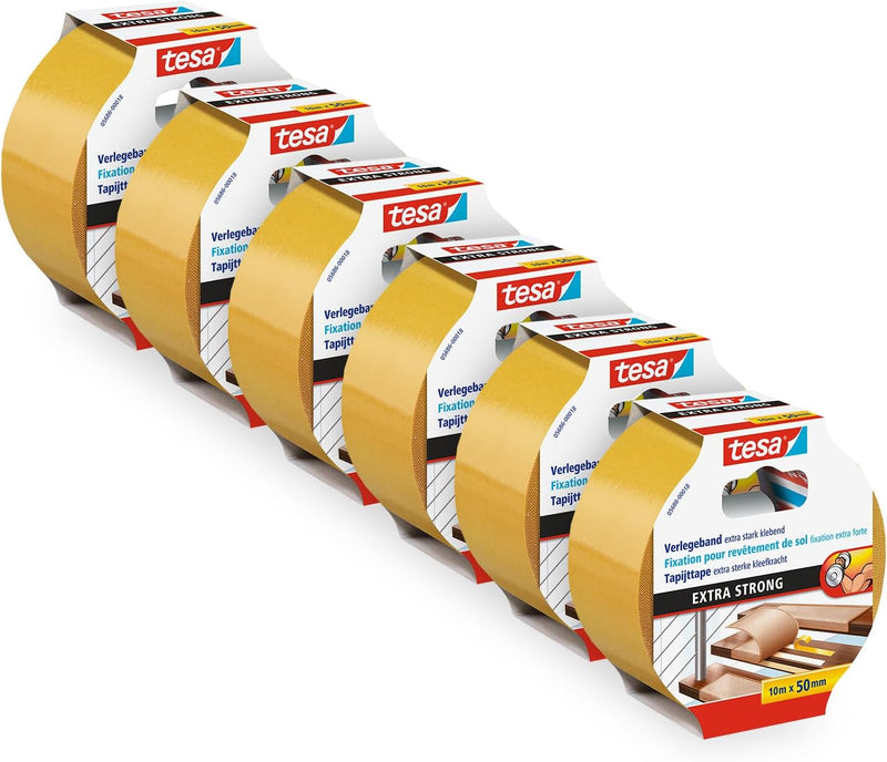 tesa Verlegeband extra stark klebend im 6er Pack - Doppelseitiges Klebeband zum Verlegen von Teppich