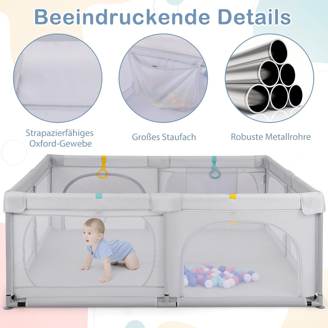 DREAMADE Laufstall Baby, 189 x 158 cm Laufgitter mit 4 Zugringen & 50 Ocean Bällen & Tragetasche, Gr