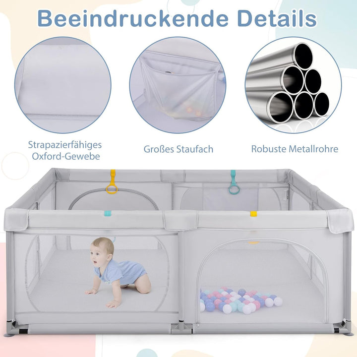 DREAMADE Laufstall Baby, 189 x 158 cm Laufgitter mit 4 Zugringen & 50 Ocean Bällen & Tragetasche, Gr