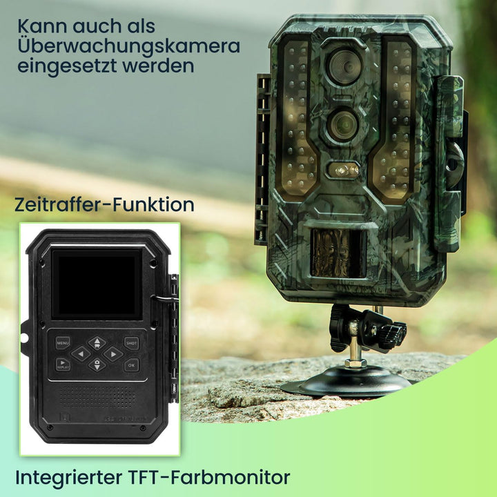 Profi 4K-Wildkamera mit IR-Nachtsicht-, Zeitraffer- & Timerfunktion, PIR Sensor, Dual Lens, Mikrofon