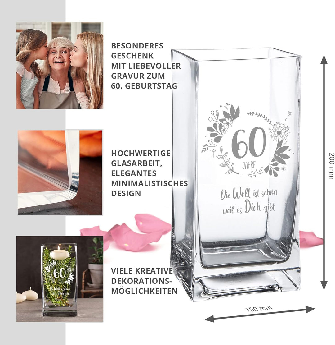 Casa Vivente Vase zum 60. Geburtstag mit süsser Gravur, Eckige Glasvase mit Alter und Spruch als Geb