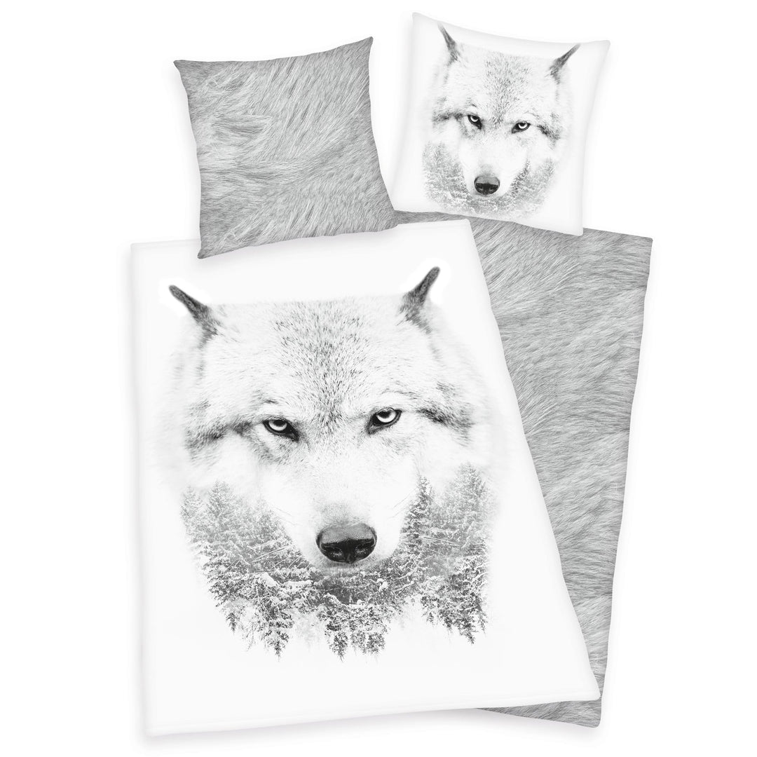 Klaus Herding GmbH Bettwäsche Set mit Wolf 135 x 200 cm 80 x 80 cm 100% Baumwolle
