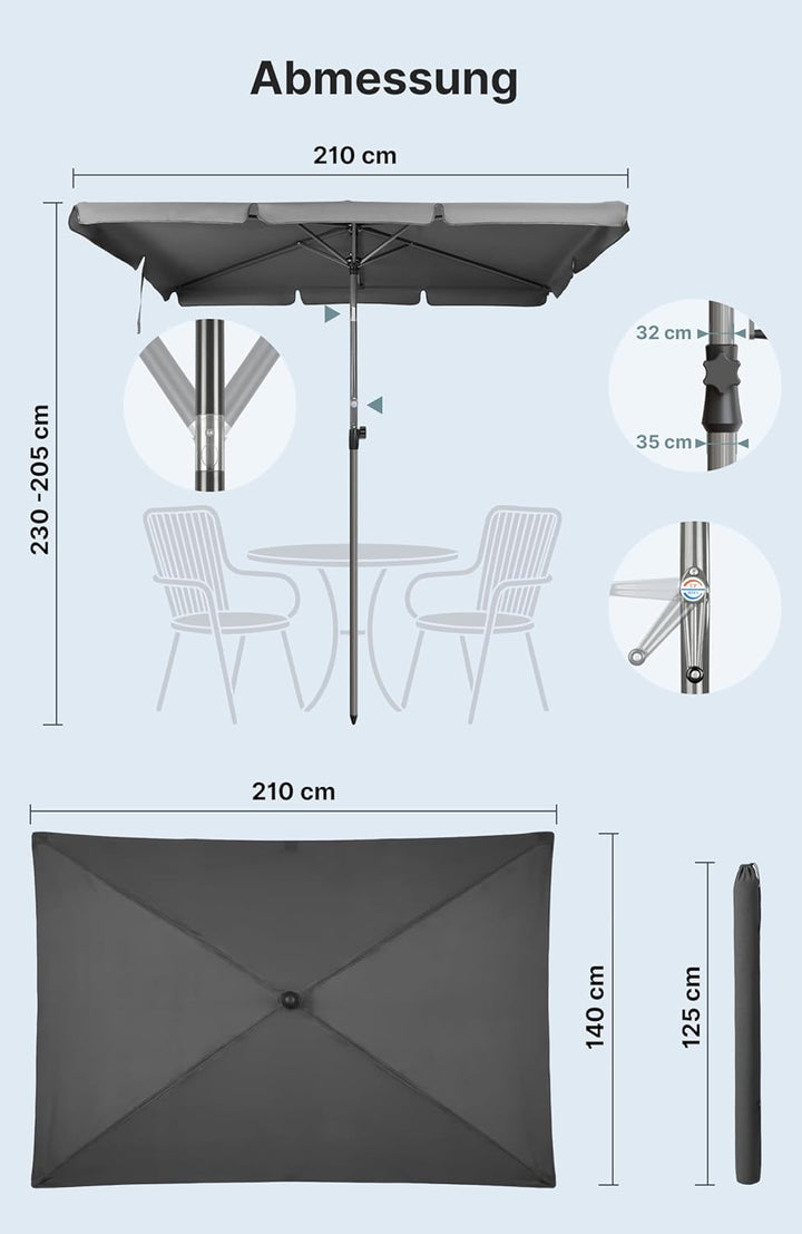 4smile Sonnenschirm Balkon mit Kurbel, Sonnenschirm rechteckig 210x140 cm, Sonnenschutz Balkon mit U