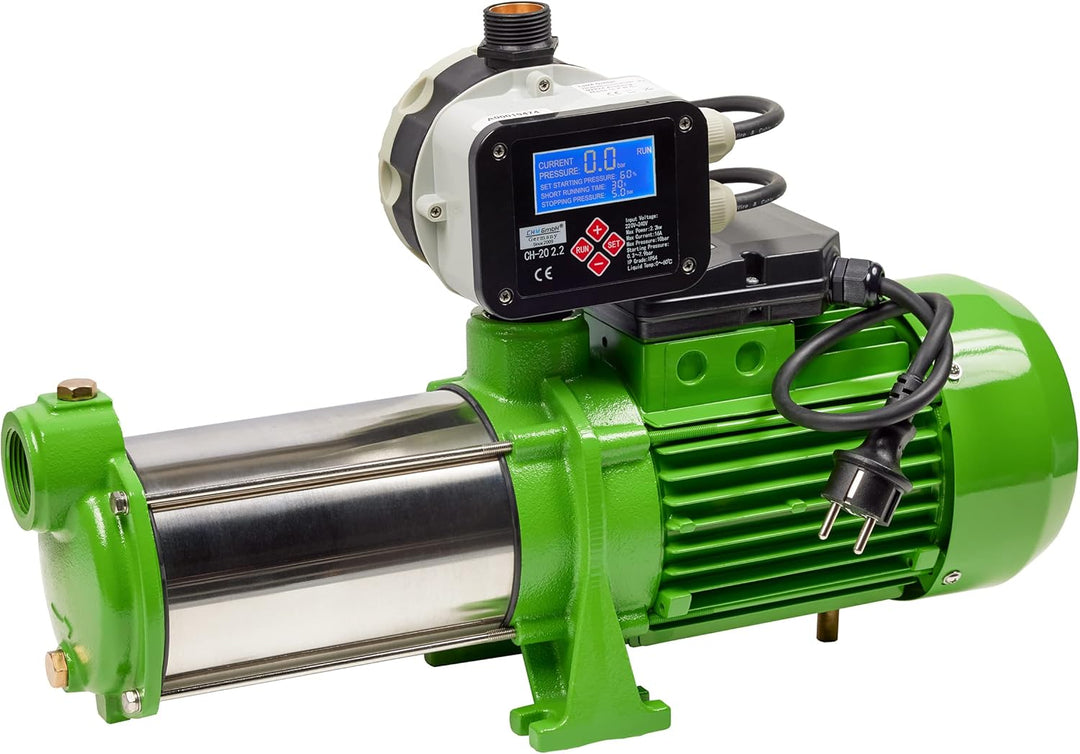 CHM GmbH Hauswasserwerk 100 L Edelstahl 2100 Watt, 7,8 Bar einstellbar mit LCD Display Gartenpumpe,