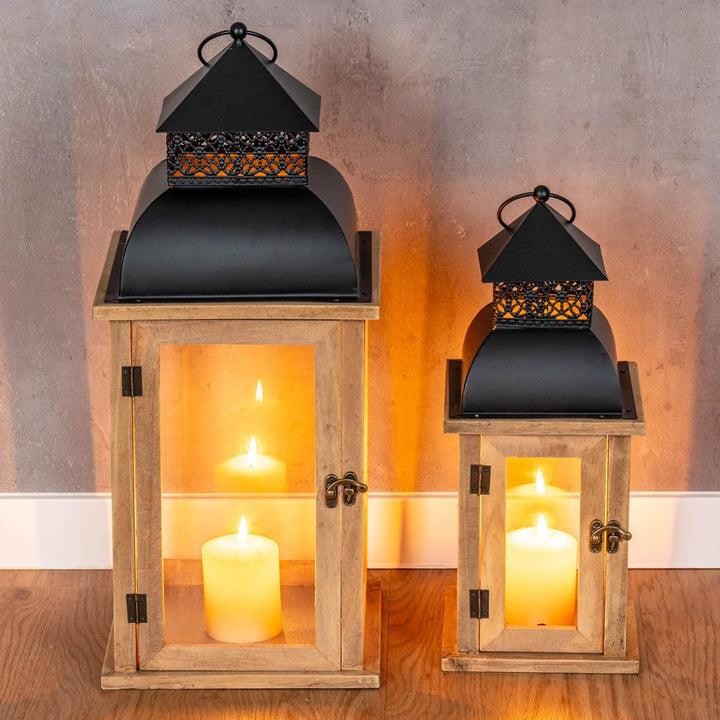 2er Set Laterne Braun Holz Metall Kerzenhalter Windlicht Gartendeko Holzlaterne Gartenlaterne Garten