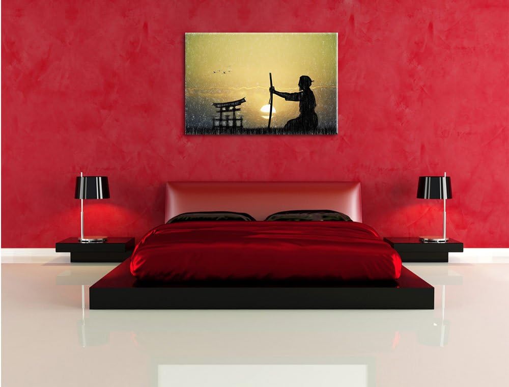 Pixxprint Alter Samurai-Meister vor Horizont Kunst Buntstift Effekt, Format: 100x70 auf Leinwand, 10
