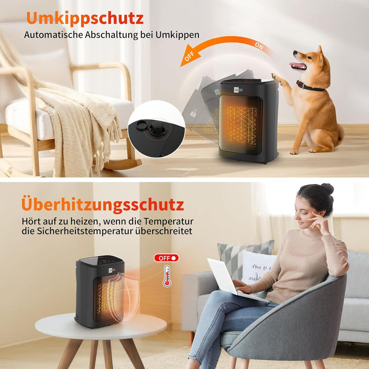 aeco EcoHeat Core 2000W Heizlüfter Energiesparend klein LED Touch ECO-Modus leise Mini Heater 24 Std